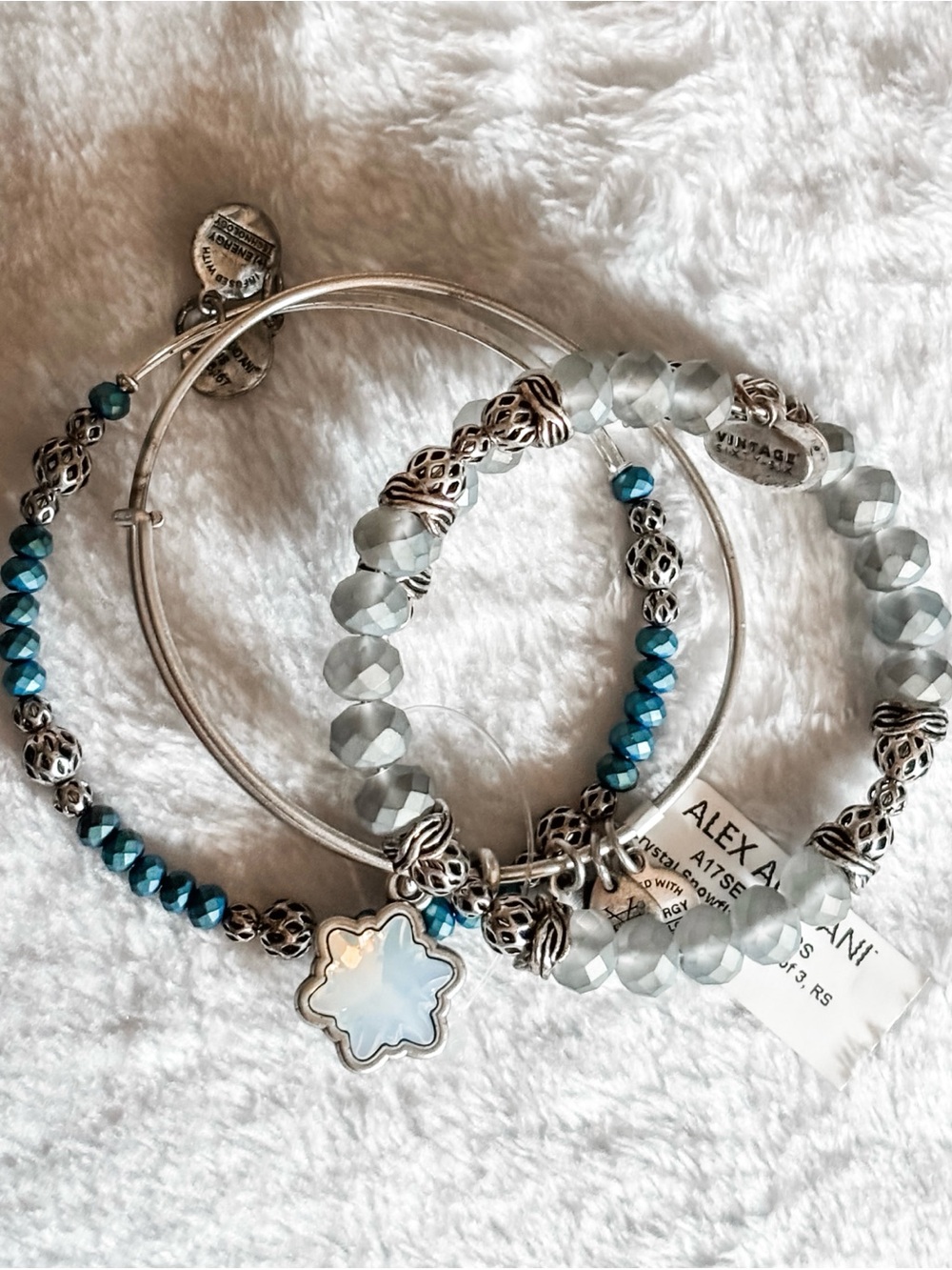 NWT! Alex and Ani Snowflake Set of 3 Charm Bangle Bracelets - Silver